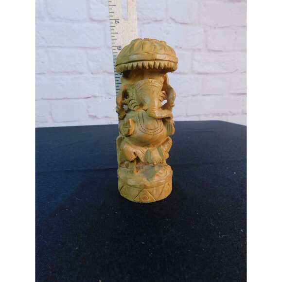 Vintage Hand-Carved Wood Ganesh Idol Elephant God Statue with Umbrella 6.25" - Picture 9 of 10